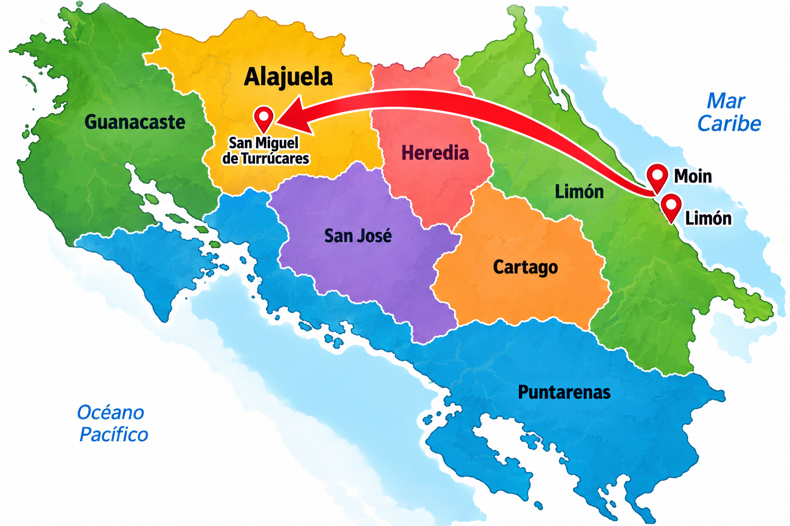 Mapa del traslado del centro desde Moín, en Limón, hasta San Miguel de Turrúcares, en Alajuela